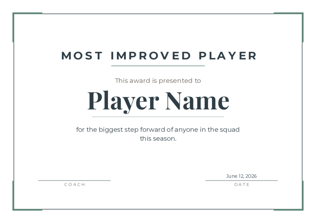 Preview of the Free Printable Most Improved Player Certificate Template