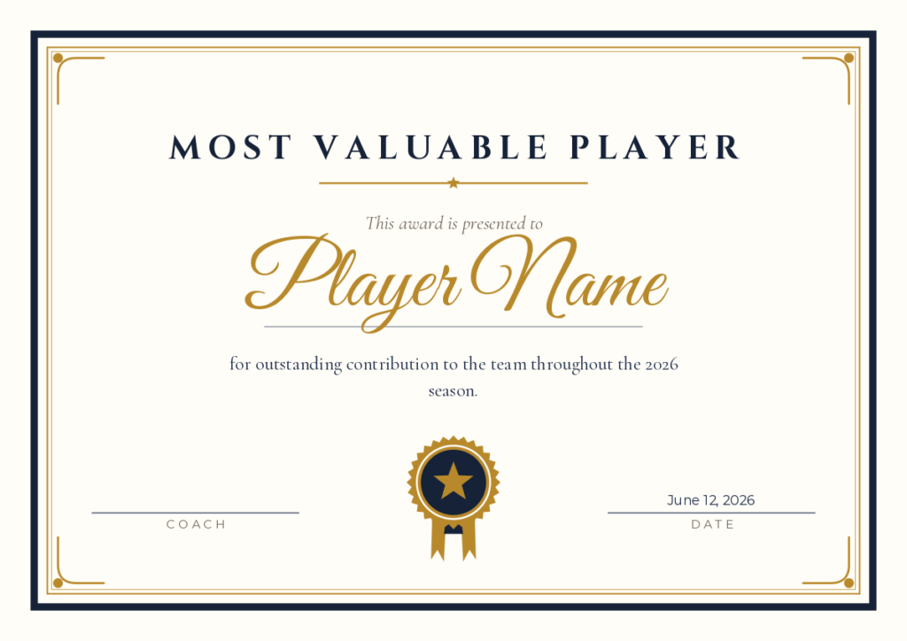 Preview of the Free Printable Most Valuable Player Certificate Template