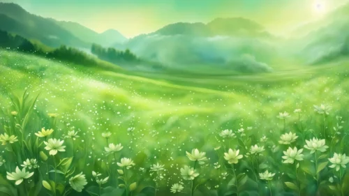 Green Meadow and Misty Mountains Background for PowerPoint Green Meadow and Misty Mountains Background for PowerPoint
