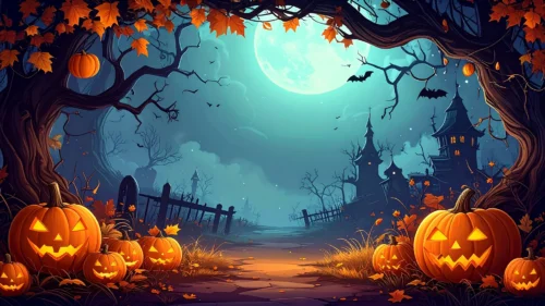 Halloween background with glowing jack-o-lanterns lining a path to distant castle towers, twisted trees, and a full moon