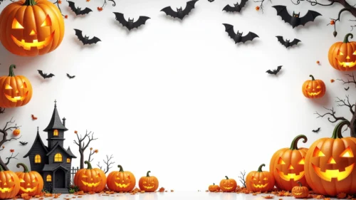 Large carved jack-o-lanterns framing a haunted house and flying bats around a bright open white center