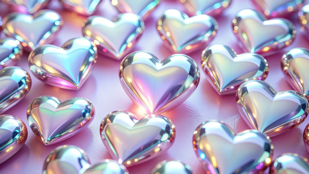 Holographic Hearts Background with Glossy Chrome Puffs