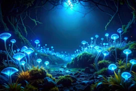 Magical Forest Background For PowerPoint With Glowing Mushrooms
