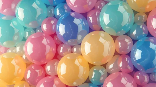Glossy 3D pastel bubble spheres in mint, blue, pink, and yellow filling the whole frame for Google Slides