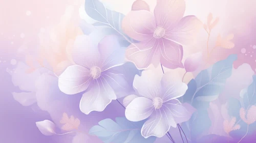Pastel floral background with large translucent pink and purple flowers with white vein lines on a lavender gradient