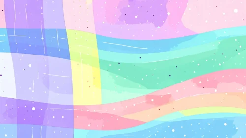 Pastel rainbow background blending a purple plaid grid corner into flowing wavy rainbow bands with sparkle dots