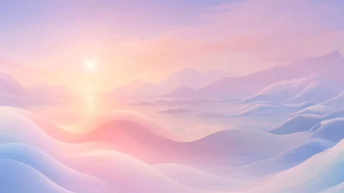 Pastel sunset landscape background for PowerPoint with glowing sun over dune-like hills and hazy mountains