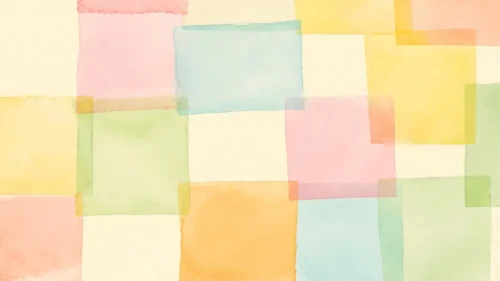 Overlapping translucent pastel watercolor squares in pink, yellow, green, and blue for PowerPoint