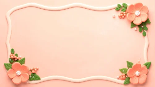 Wavy cream border frame with sculpted clay-style pink flowers and pearls on a pink background for PowerPoint