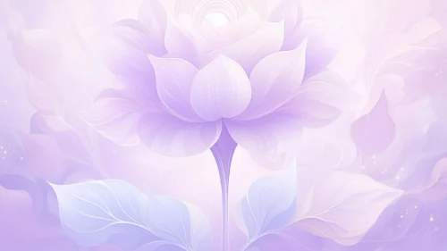 Illustrated purple lotus flower with a glowing white core and fine line-art petals framed by leaves