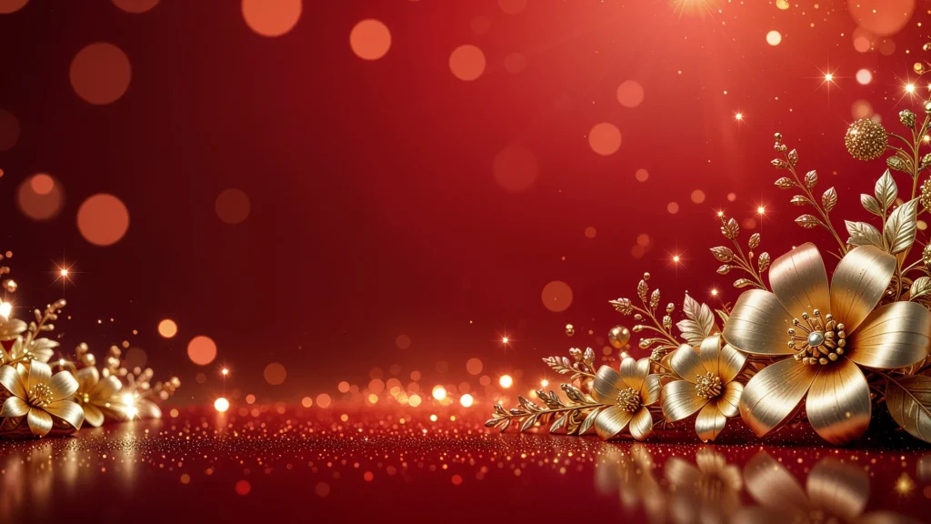 Red Gold Floral Background with Glowing Bokeh Light