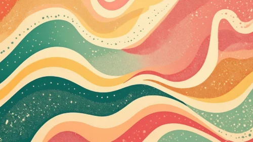 Retro wave background with sweeping cream, gold, orange, red, and green bands and a dotted texture