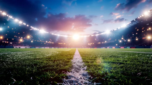 Soccer Stadium Background for PowerPoint with Sunset Floodlights Soccer Stadium Background for PowerPoint with Sunset Floodlights