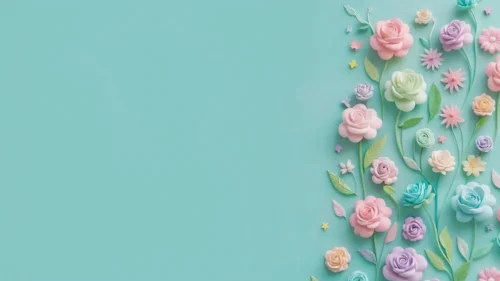 3D paper craft flowers in pink and lavender on a teal background for PowerPoint