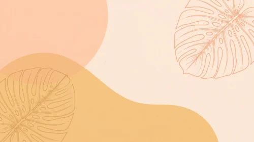 Aesthetic boho background for Google Slides with peach circle, mustard wave and monstera leaf line art on cream