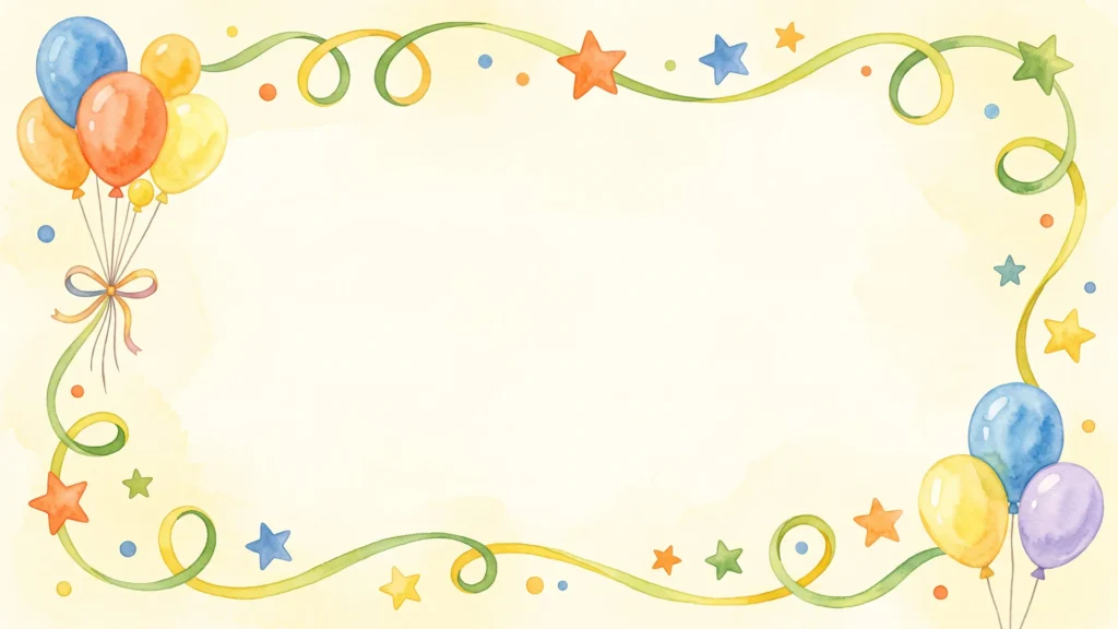 Birthday Balloons Frame Background For Google Slides With A Watercolor Ribbon And Star Border