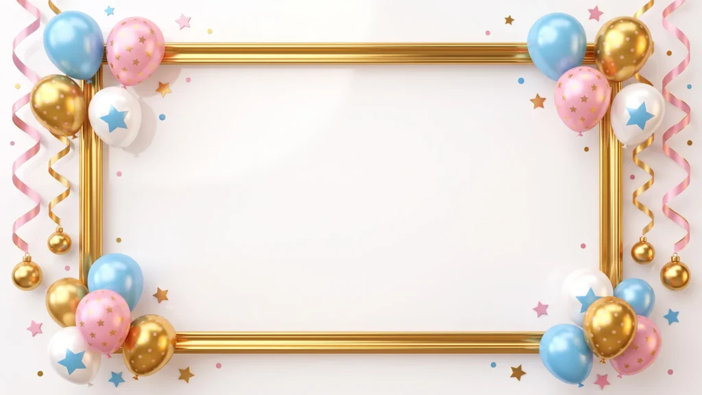Birthday Frame Background For PowerPoint With A Gold Rectangle And Pastel Balloons