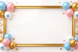 Birthday Frame Background For PowerPoint With A Gold Rectangle And Pastel Balloons