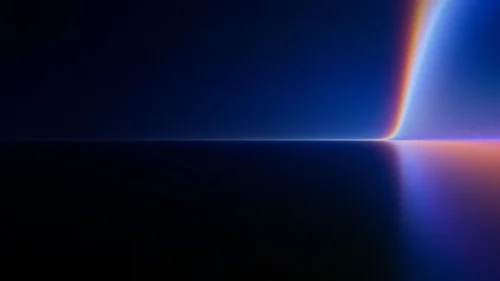 Black background with a glowing blue curve and rainbow prism light reflection for PowerPoint