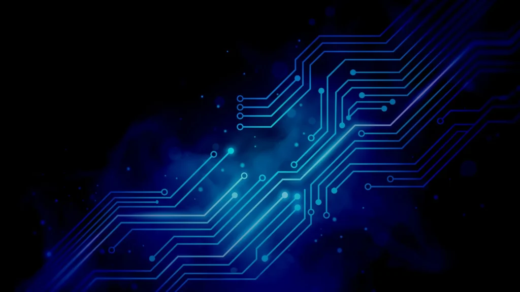Technology Background For PowerPoint With Glowing Blue Circuit Traces On A Black Diagonal