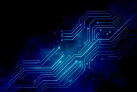 Technology Background For PowerPoint With Glowing Blue Circuit Traces On A Black Diagonal