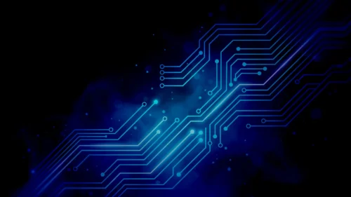 Technology Background For PowerPoint With Glowing Blue Circuit Traces On A Black Diagonal Technology Background For PowerPoint With Glowing Blue Circuit Traces On A Black Diagonal