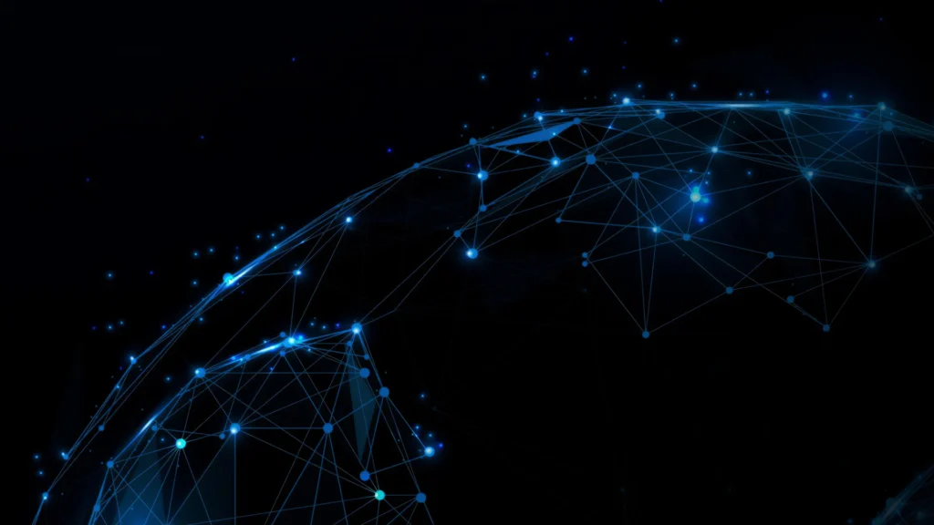 Global Network Background for PowerPoint with a Blue Wireframe Globe on Black