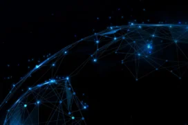 Global Network Background for PowerPoint with a Blue Wireframe Globe on Black