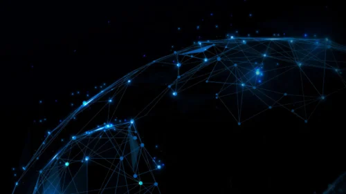 Global Network Background for PowerPoint with a Blue Wireframe Globe on Black