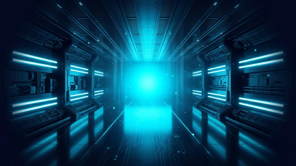Futuristic Tunnel Background For PowerPoint With A Blue Neon Sci-Fi Corridor And Glowing Light Ahead