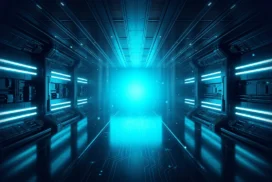 Futuristic Tunnel Background For PowerPoint With A Blue Neon Sci-Fi Corridor And Glowing Light Ahead