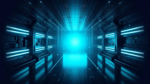 Futuristic Tunnel Background For PowerPoint With A Blue Neon Sci-Fi Corridor And Glowing Light Ahead Futuristic Tunnel Background For PowerPoint With A Blue Neon Sci-Fi Corridor And Glowing Light Ahead