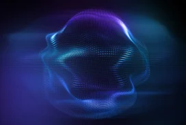 Blue Particle Wave Background for PowerPoint with a Glowing Teal Dot Mesh Blob