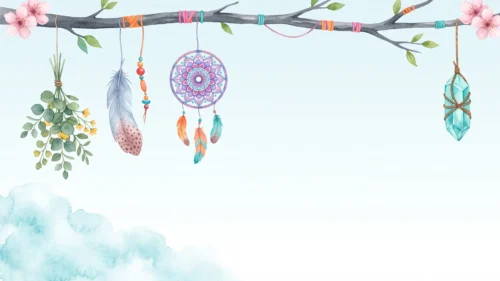 Boho Dreamcatcher Background for PowerPoint with Watercolor Feathers, a Crystal and a Blossom Branch Boho Dreamcatcher Background for PowerPoint with Watercolor Feathers, a Crystal and a Blossom Branch