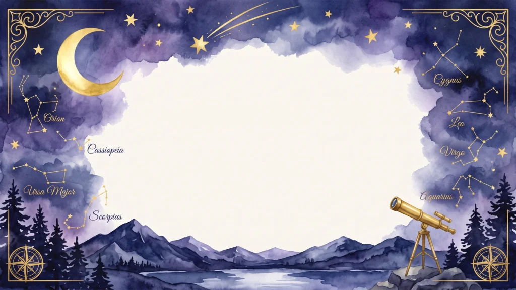 Celestial Constellation Frame Background for PowerPoint with a Gold Moon, Telescope and Midnight Watercolor Sky