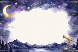 Celestial Constellation Frame Background for PowerPoint with a Gold Moon, Telescope and Midnight Watercolor Sky
