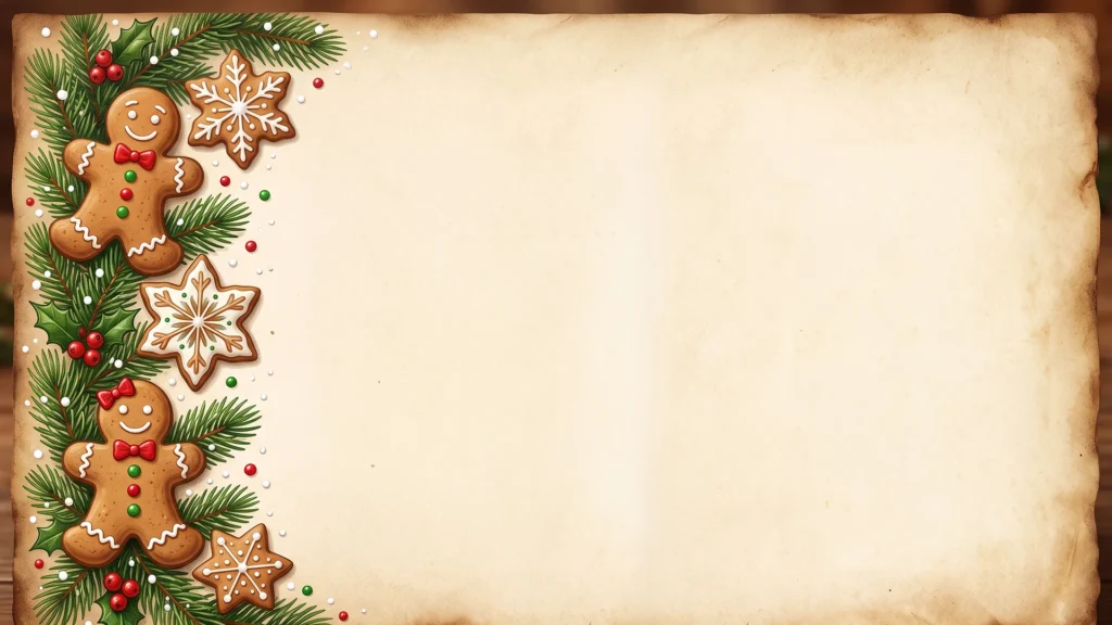 Christmas Gingerbread Vintage Paper Frame Background for PowerPoint with Pine Garland