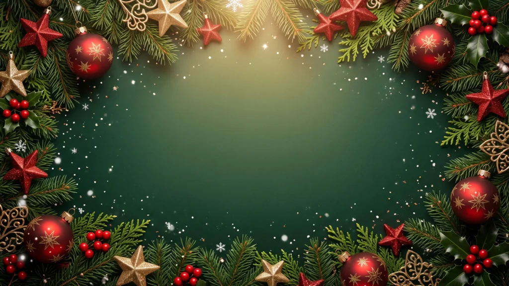 Christmas Frame Background for PowerPoint with Red Baubles, Gold Stars and a Dark Green Oval Center