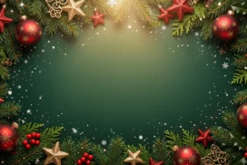 Christmas Frame Background for PowerPoint with Red Baubles, Gold Stars and a Dark Green Oval Center