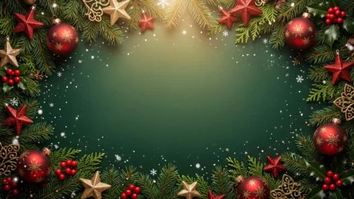 Christmas Frame Background for PowerPoint with Red Baubles, Gold Stars and a Dark Green Oval Center