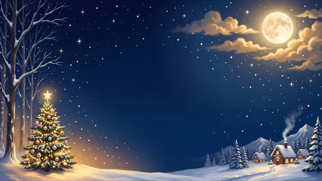 Christmas Night Background for PowerPoint with Full Moon and Snowy Village