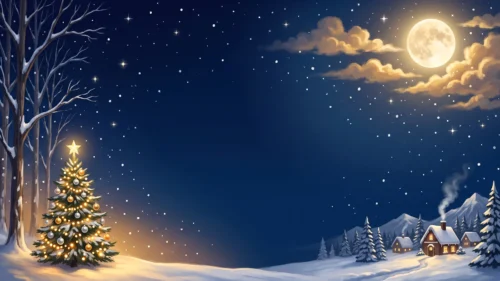 Christmas Night Background for PowerPoint with Full Moon and Snowy Village Christmas Night Background for PowerPoint with Full Moon and Snowy Village