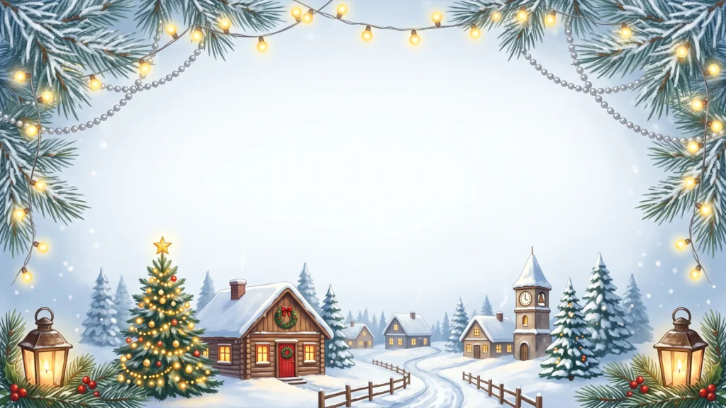 Christmas Cabin Frame Background for PowerPoint with Snowy Village and Light Strings