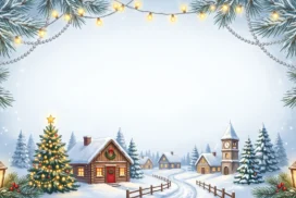 Christmas Cabin Frame Background for PowerPoint with Snowy Village and Light Strings