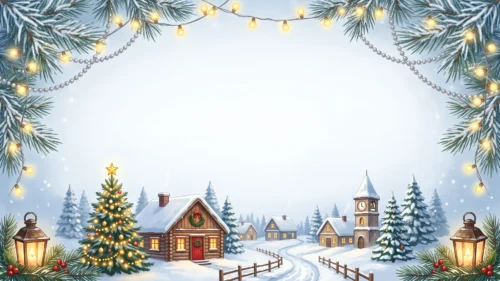 Christmas Cabin Frame Background for PowerPoint with Snowy Village and Light Strings Christmas Cabin Frame Background for PowerPoint with Snowy Village and Light Strings