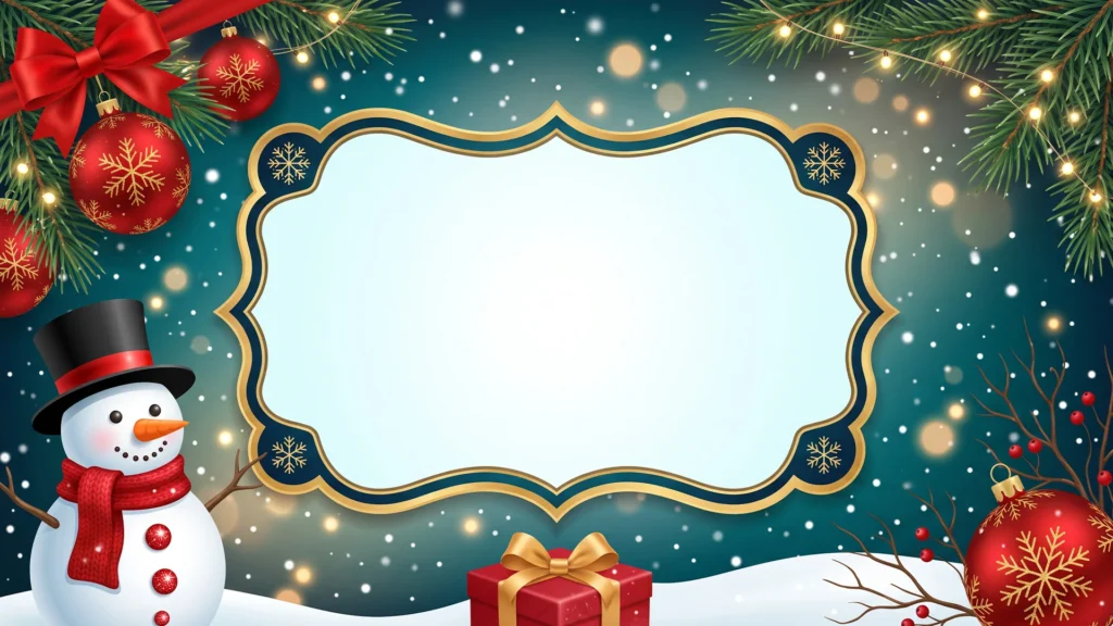 Christmas Snowman Frame Background for PowerPoint with Red Ornaments and Gold Label