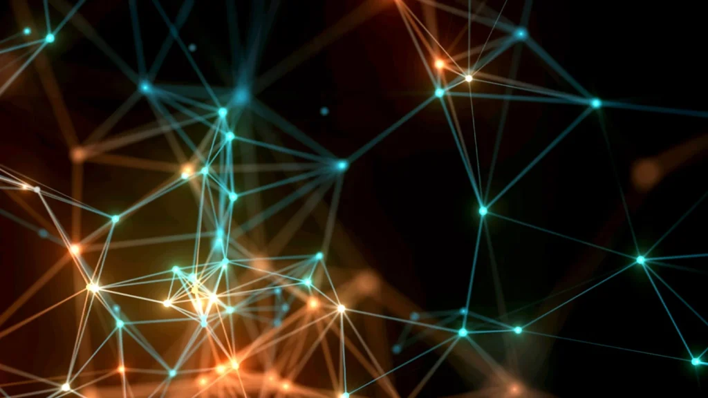 Technology Network Background for PowerPoint with Teal and Amber Plexus Lines on Black