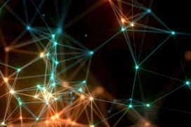 Technology Network Background for PowerPoint with Teal and Amber Plexus Lines on Black
