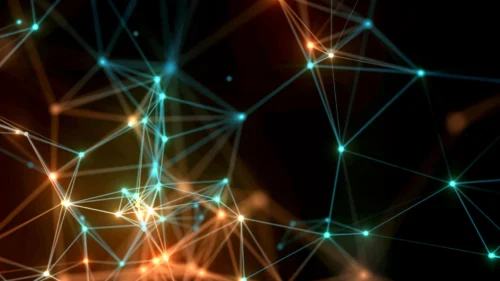 Technology Network Background for PowerPoint with Teal and Amber Plexus Lines on Black