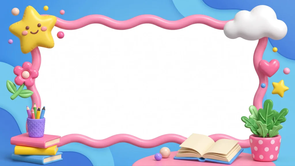 Cute School Frame Background for PowerPoint with 3D Smiling Star, Cloud and Wavy Pink Border